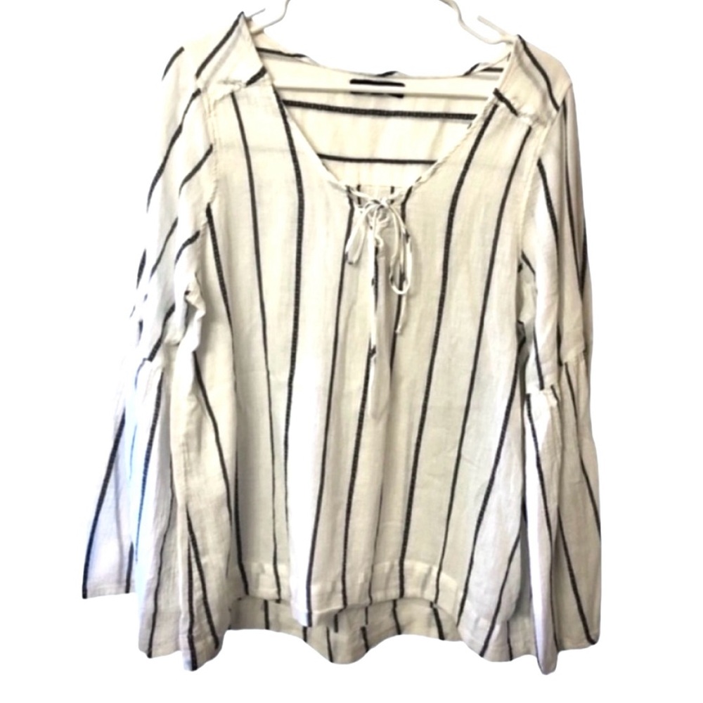 Sanctuary Striped Bell Sleeve Top 100% Cotton White & Navy Boho Retro Hippie L